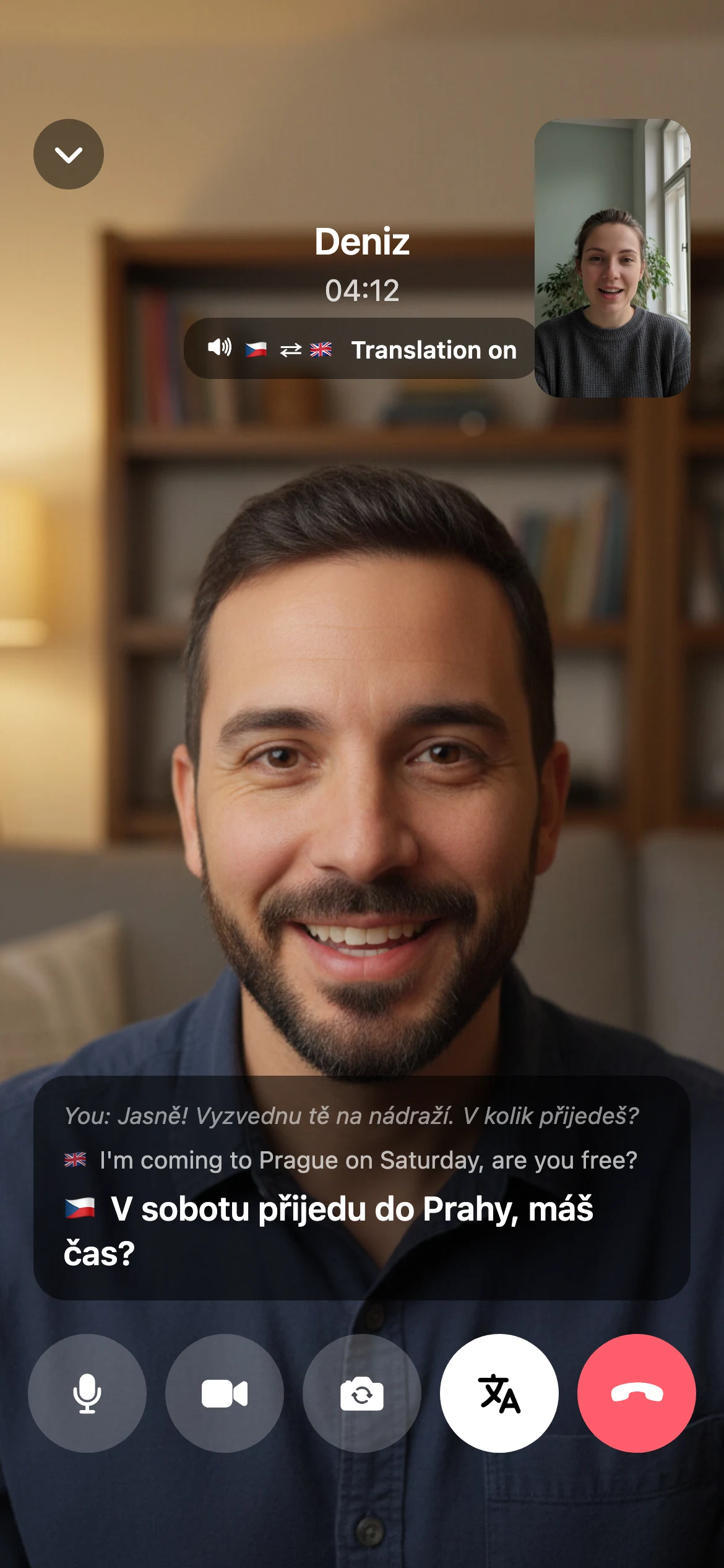 The same call on Tereza's screen: Deniz full screen with Czech captions